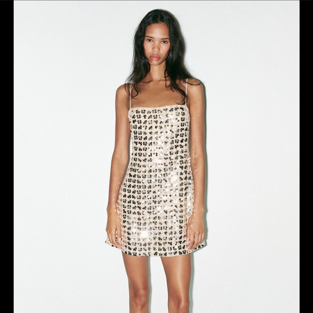 Zara Black and Cream Sequin Mini Dress